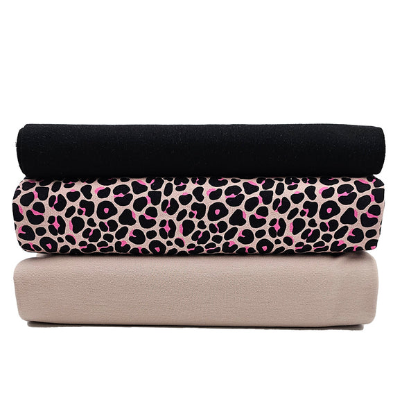 French Terry Stoffpaket Leoprint rosa und uni mit Bündchen